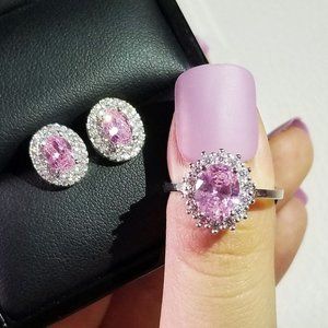 Pink Sapphire Halo Ring and Stud Earring Set - Pink